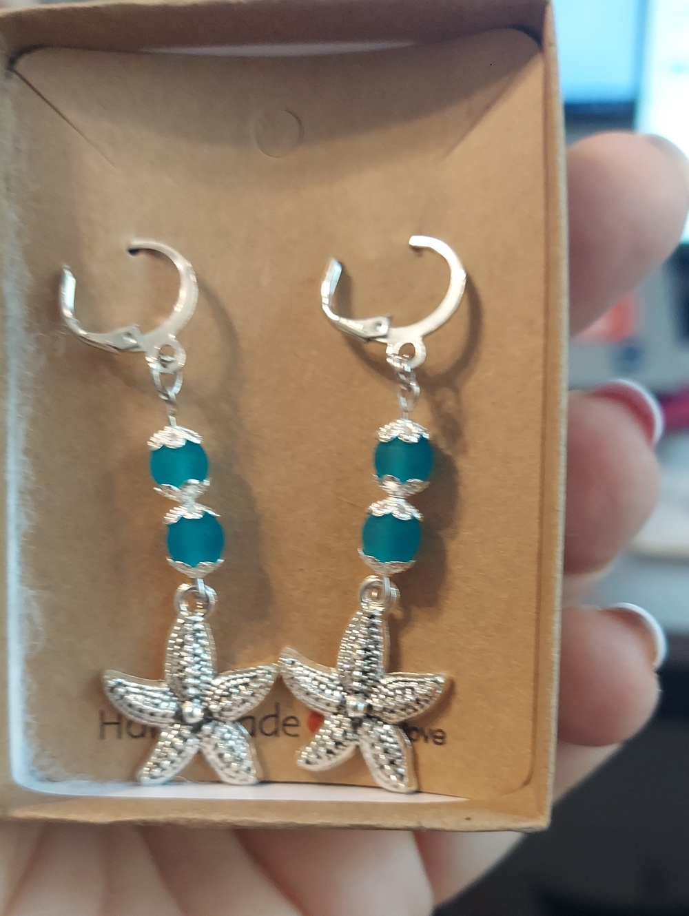 Handmade Teal Bead Starfish Dangle Earrings